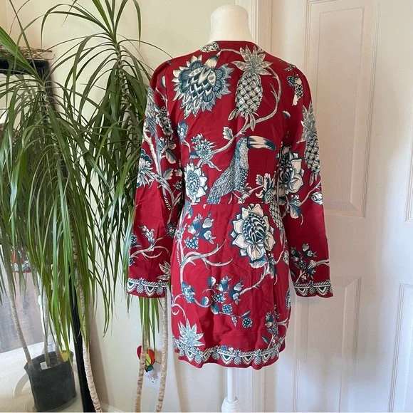 FARM Rio Dress Tropical Landing Red Wrap Long Sleeve V-Neck Mini Dress Medium